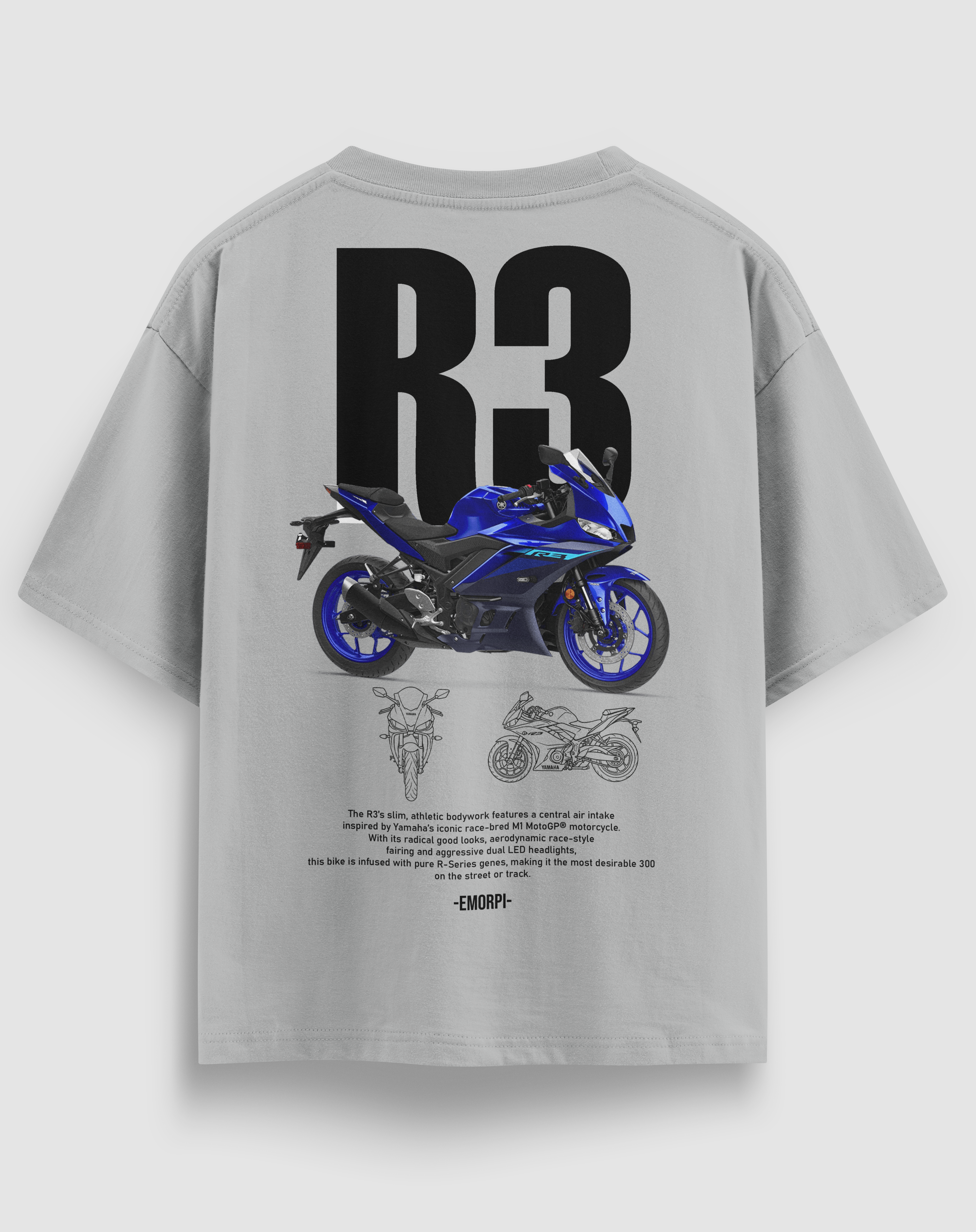 R3 baskılı motorcu tişört, gri, arkadan görünüm. Yamaha R3 çizimli sırt baskısı